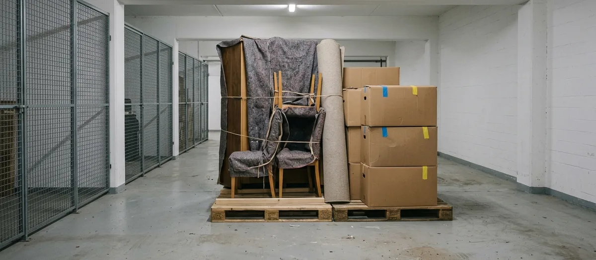 In einer Lagerhalle steht ein Hausstand auf Paletten: mit Decken abgedeckte Möbel, ein aufgerollter Teppich und mit Klebeband markierte Kartons, links die Gittertrennwände der Lagerboxen.