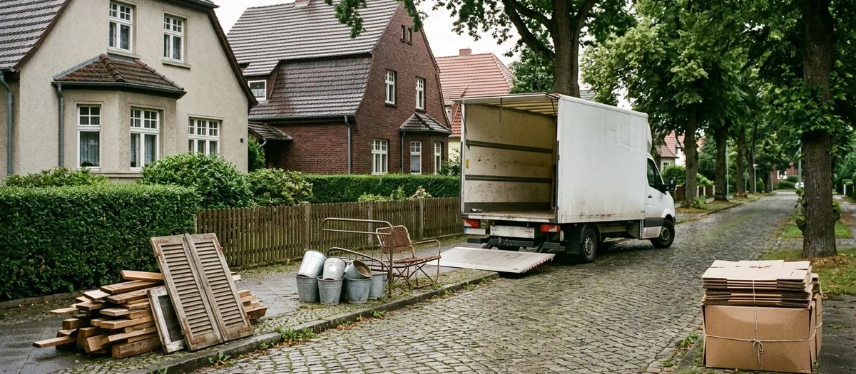 An einer Kopfsteinpflasterstraße stehen Altholz, alte Metallteile und gebündelte Pappe getrennt voneinander am Bordstein, dahinter wartet der Möbelwagen mit heruntergelassener Ladebordwand.