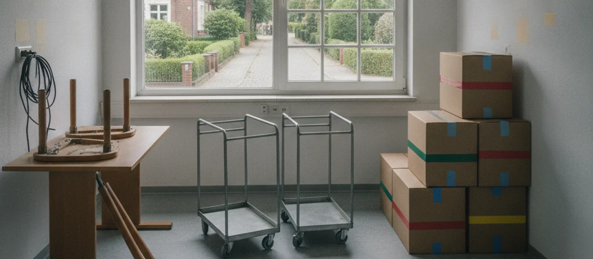 Ein geräumtes Büro mit leeren Wänden: zwei Rollcontainer stehen in der Mitte, daneben stapeln sich mit farbigem Klebeband markierte Kartons, der Schreibtisch ist bereits zerlegt.
