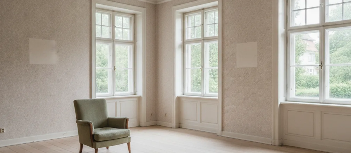 Ein fast leergeräumtes Wohnzimmer eines Altbaus mit hohen Sprossenfenstern und hellen Flecken an der Tapete, in der Ecke steht nur noch ein einzelner Sessel.