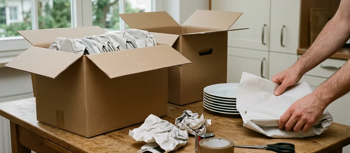 Auf einem Küchentisch stehen offene Umzugskartons, daneben werden Teller einzeln in Packpapier eingeschlagen, Klebeband und Schere liegen bereit.