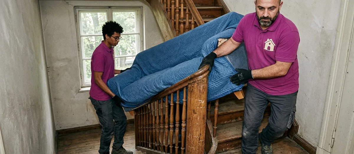 Zwei Träger bringen ein in Möbeldecken eingeschlagenes Sofa über die schmale Holztreppe eines Altbaus nach unten, seitlich fällt Licht durch ein Sprossenfenster.