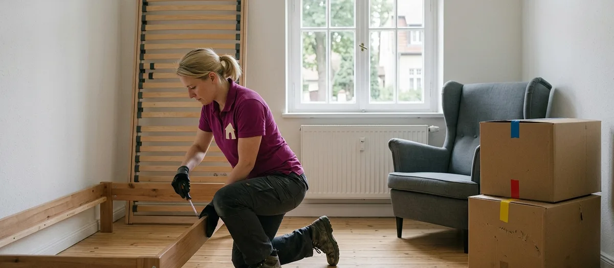 Eine Umzugskraft schraubt in einer hellen kleinen Wohnung ein Bettgestell zusammen, daneben steht ein bereits an seinen Platz gerückter Ohrensessel.