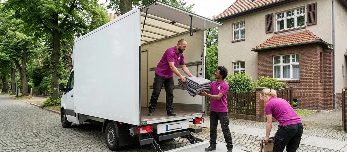 Drei Umzugskräfte arbeiten am offenen Heck des Möbelwagens: einer reicht Möbeldecken aus dem Laderaum herunter, eine Kollegin klappt am Bordstein die Sackkarre zusammen