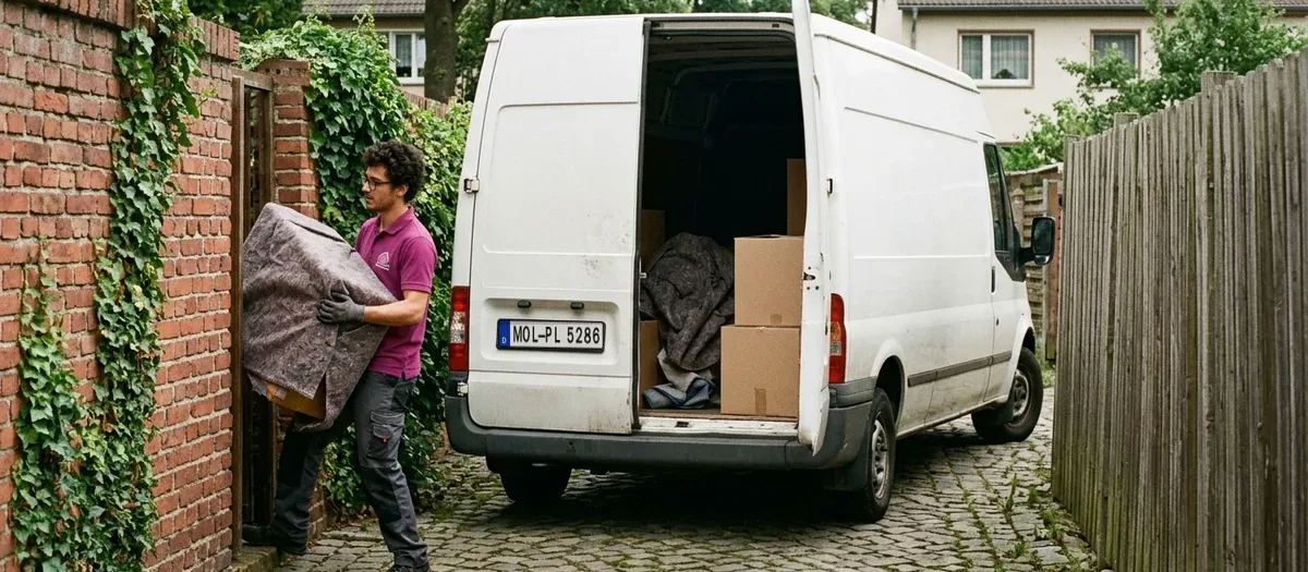 Ein schmaler Umzugswagen steht in einer gepflasterten Gasse, während ein Träger einen abgedeckten Schrank herausträgt.