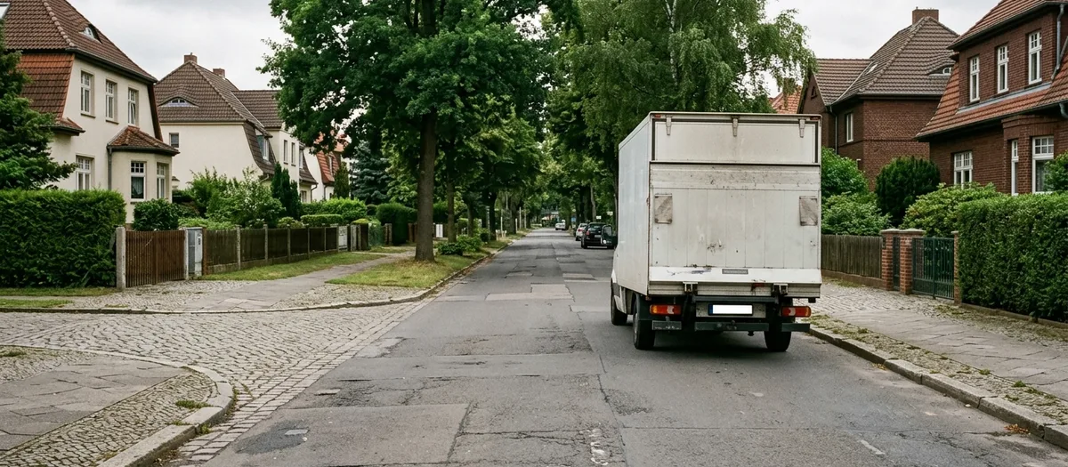 Ein beladener Umzugswagen biegt aus einer Neuenhagener Anliegerstraße auf die Durchgangsstraße Richtung Berlin ab.