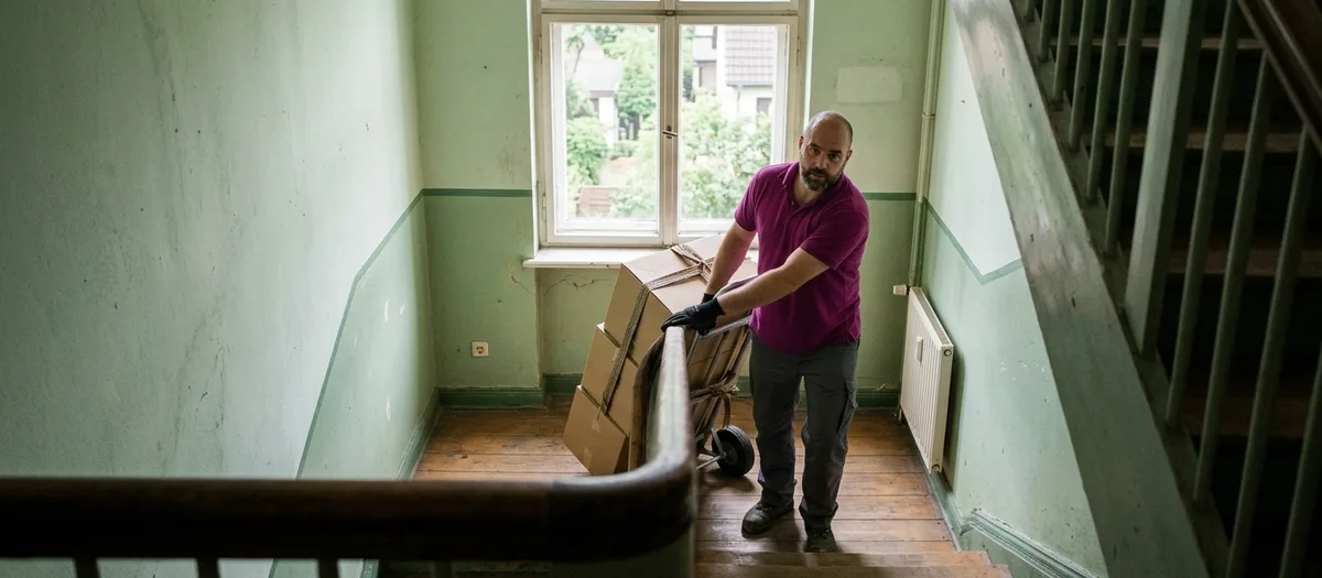 Ein Träger zieht eine Sackkarre mit Kartons über den Treppenabsatz eines Altbau-Treppenhauses nach oben.