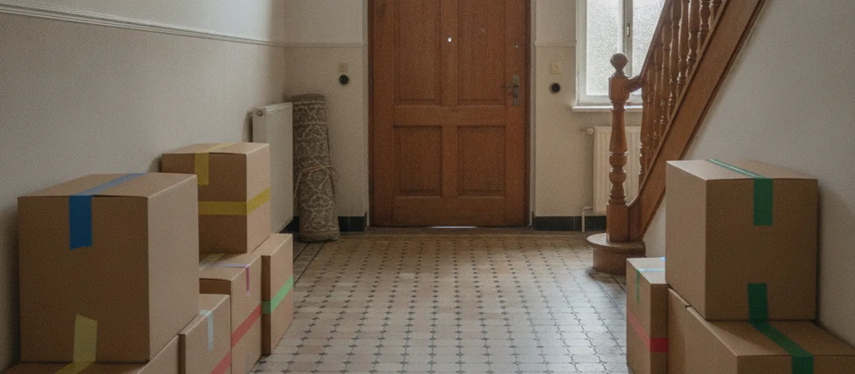 Im Flur eines Altbaus mit Fliesenboden stehen Umzugskartons zimmerweise sortiert und mit farbigem Klebeband markiert, dahinter führt die Holztreppe nach oben.