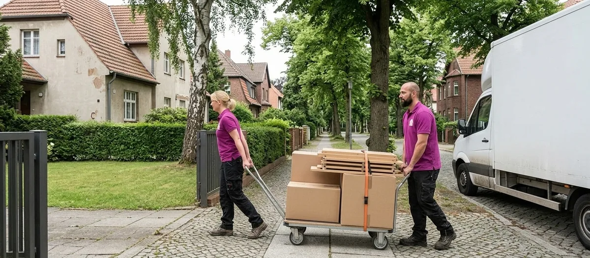 Zwei Träger schieben einen mit Kartons beladenen Plattformwagen über den Gehweg zum wartenden Umzugswagen an der Anliegerstraße.