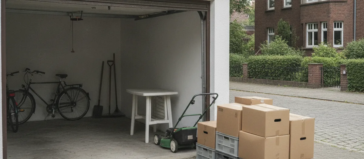 Gartengeräte, Fahrräder und gestapelte Kisten stehen vor einer offenen Garage bereit zum Verladen.