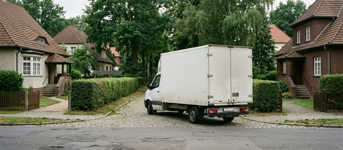 Ein Umzugswagen biegt von einer Landstraße in eine Wohnstraße ab, im Hintergrund stehen Einfamilienhäuser.