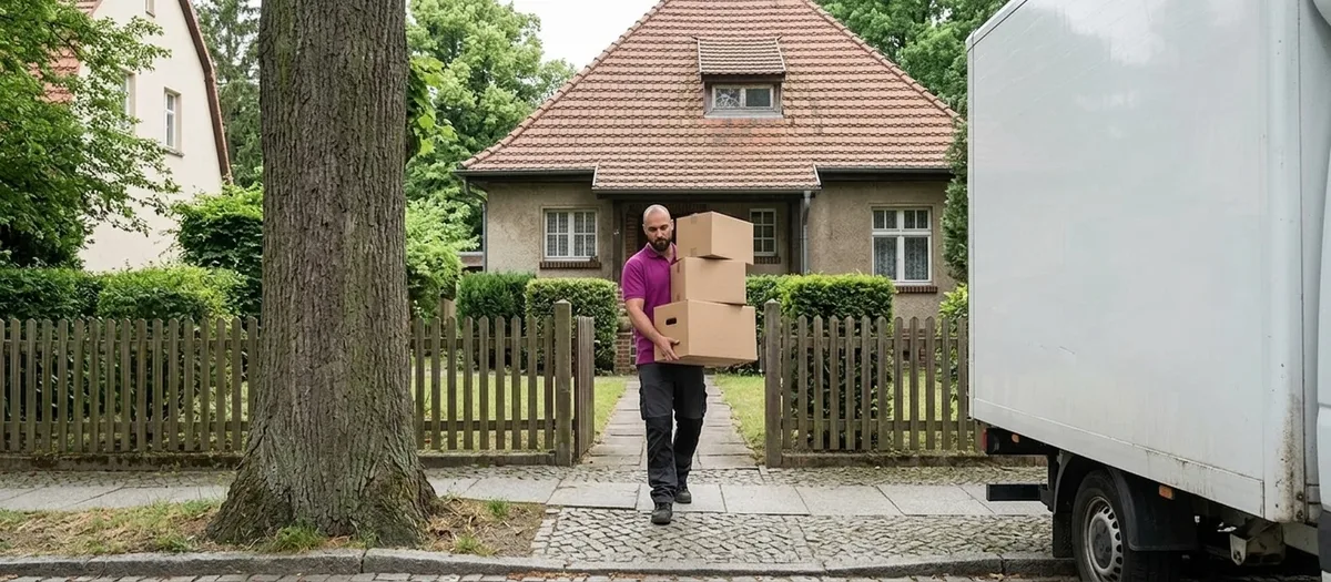 Ein Träger kommt mit drei gestapelten Kartons über den Plattenweg eines Bollensdorfer Grundstücks zum Gartentor, links steht eine alte Linde, rechts wartet der Möbelwagen.