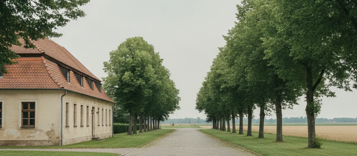 Die breite, von Lindenreihen gesäumte Dorfstraße von Neuhardenberg mit einem langgestreckten Putzbau, dahinter öffnet sich die flache Feldlandschaft des Oderbruchs.