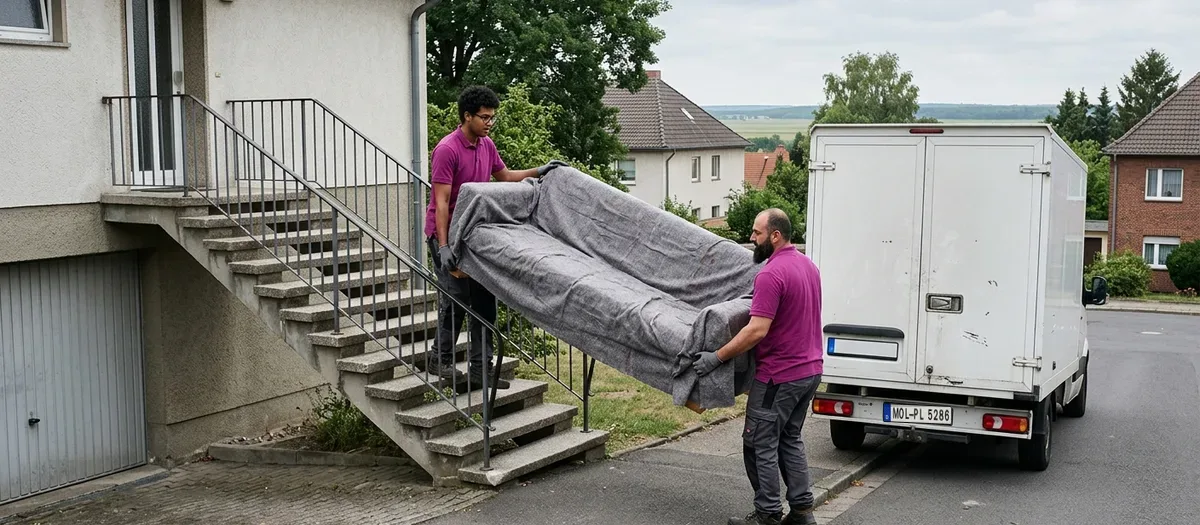 Vor einem Wohnhaus in Seelow führt eine lange Außentreppe vom Bürgersteig zur Haustür, zwei Träger bringen ein in Decken gepacktes Sofa hinauf, darunter liegt die Garage.