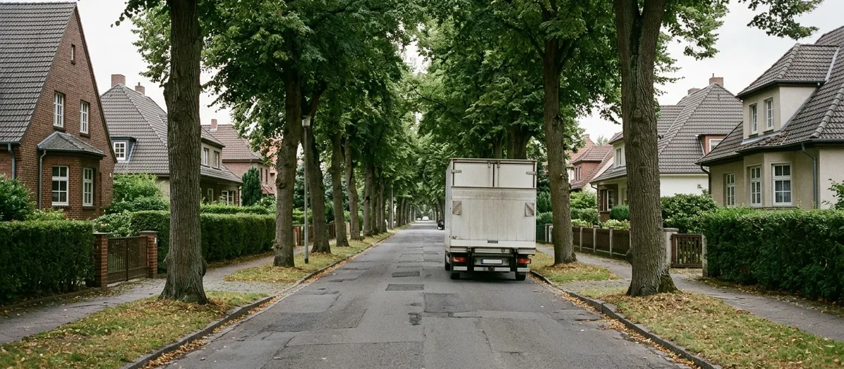 Möbelwagen auf einer von alten Alleebäumen gesäumten Straße am Ortsrand von Neuenhagen, hinter den Hecken stehen Einfamilienhäuser