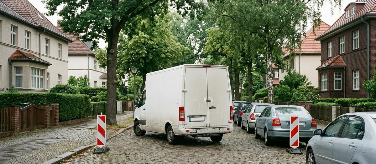 In einer Anliegerstraße ist zwischen den parkenden Autos eine Lücke mit Absperrbaken freigehalten, in die der Umzugswagen rückwärts eingeparkt hat.