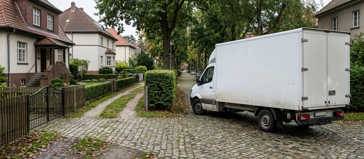 Eine schmale Kieszufahrt führt zwischen Hecke und Gartenzaun auf ein Wohnhaus zu, der Möbelwagen steht quer auf der Kopfsteinpflasterstraße davor.